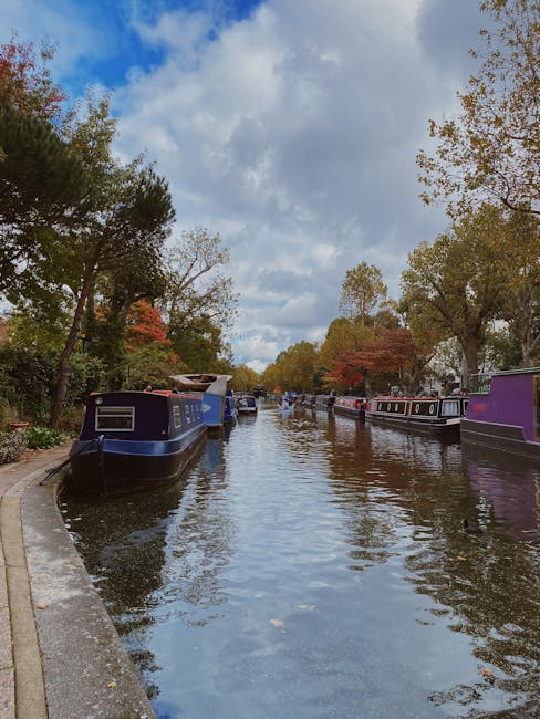 A canal lined with several narrowboats painted in shades of blue, purple, and black floats on calm water, with trees displaying green, orange, and red foliage along the banks. The sky above is partly cloudy with patches of blue visible. On the left, a paved walkway runs parallel to the canal, and the boats are moored close to the edge, some with visible covers and rooftop equipment. The scene depicts a peaceful, scenic setting typical of house removals and relocation services near waterways, with no visible activity but suggesting a quiet environment suitable for moving preparations or storage near canal side homes. The overall image supports the context of house removals in Maida Vale, especially in locations close to waterways like Little Venice, as managed by Man and Van Maida Vale.